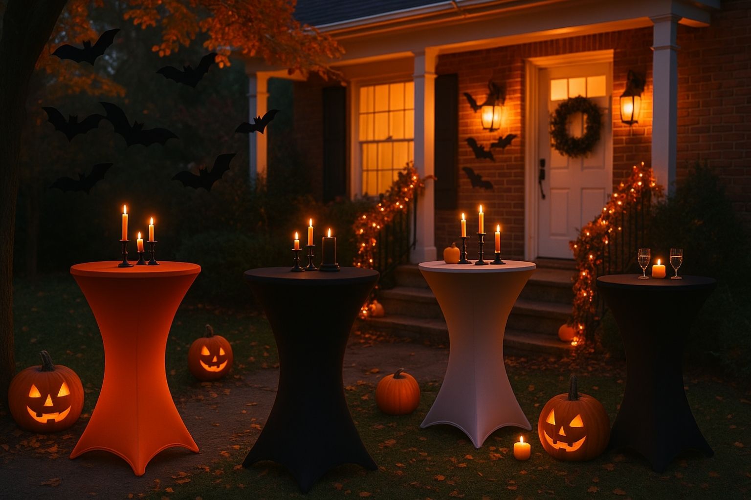 Hauseingang mit Halloween-Dekoration, Vorgarten mit Stehtischhussen, Kürbissen, Kerzen und Lichterketten
