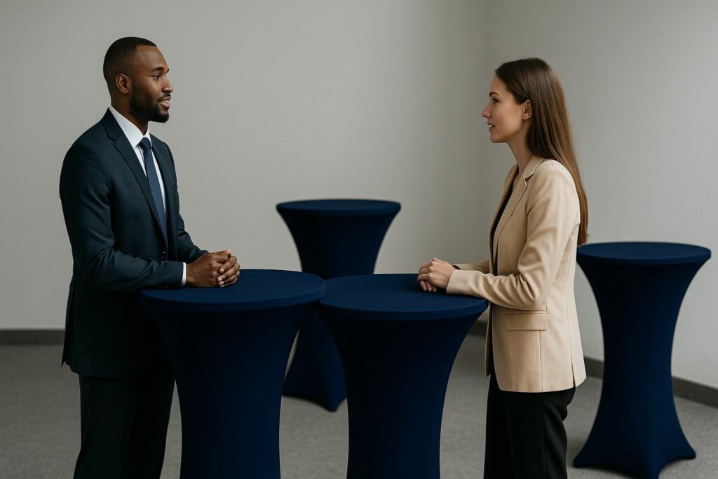 Networking-Szene mit dunkelblauen Stehtischhussen; zwei Personen führen konzentrierte Gespräche in ruhiger, professioneller Atmosphäre.