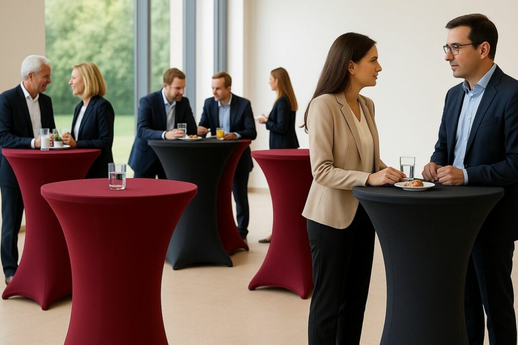 Konferenzszene mit fünf Stehtischen: drei mit bordeauxfarbenen Hussen und zwei mit anthrazitfarbenen Hussen; an jedem Tisch unterhalten sich Personen bei Snacks und Getränken.