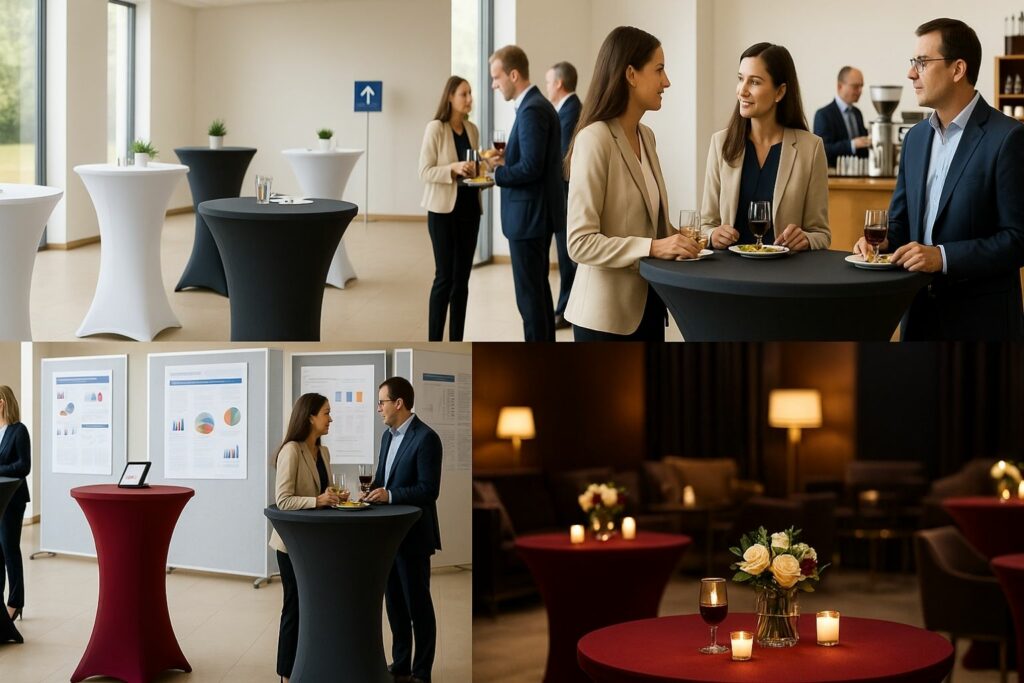 Vier Szenen einer Konferenz: Empfang mit weißen Stehtischhussen, Networking-Bereich mit anthrazitfarbenen und bordeauxfarbenen Tischen, Poster-Sessions mit Exponaten und Abendveranstaltung mit bordeauxfarbenen Hussen und eleganter Beleuchtung.