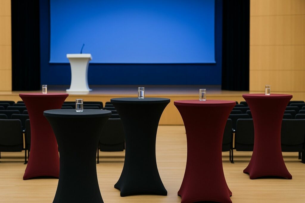 Moderner Konferenzsaal in Hamburg mit eleganten Stehtischhussen in Weiß, Anthrazit und Bordeaux; stilvolle Atmosphäre für die ICMRTAHT.