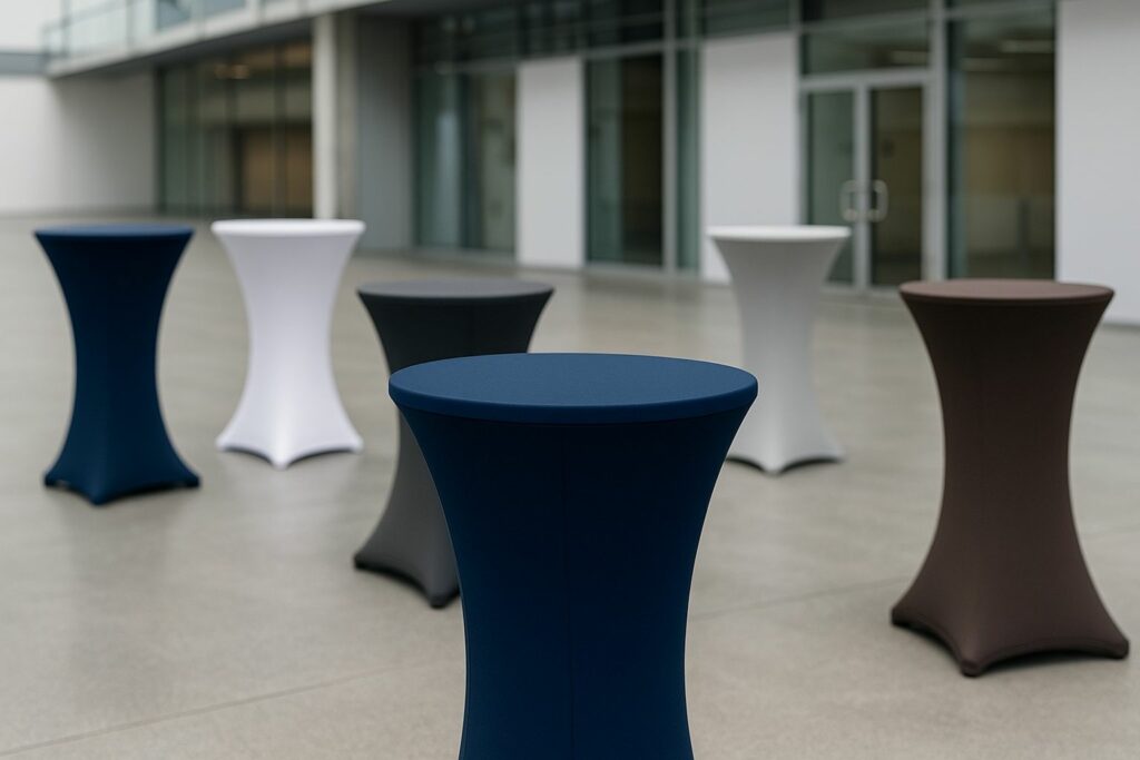 Professionelles Event-Setup mit eleganten Stehtischhussen in Weiß, Grau und Marineblau auf der Serbotel Nantes.