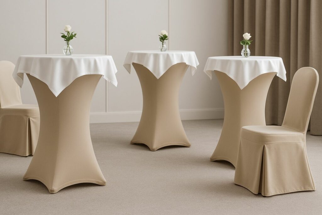 Stehtischhussen in elegantem Winter-Event-Setup