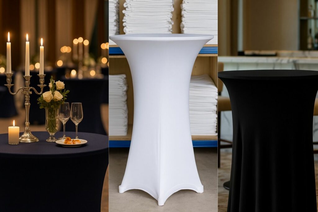 Drei Stehtische mit Hussen in Blau, Weiß und Schwarz – elegante Eventtextilien für Hotel, Catering und Bar.