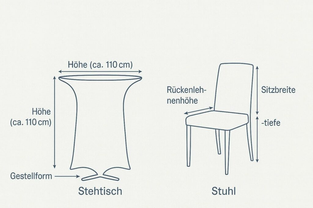 Stehtisch und Stuhl mit Maßangaben – hilfreicher Größen- & Passform-Guide für Eventtextilien