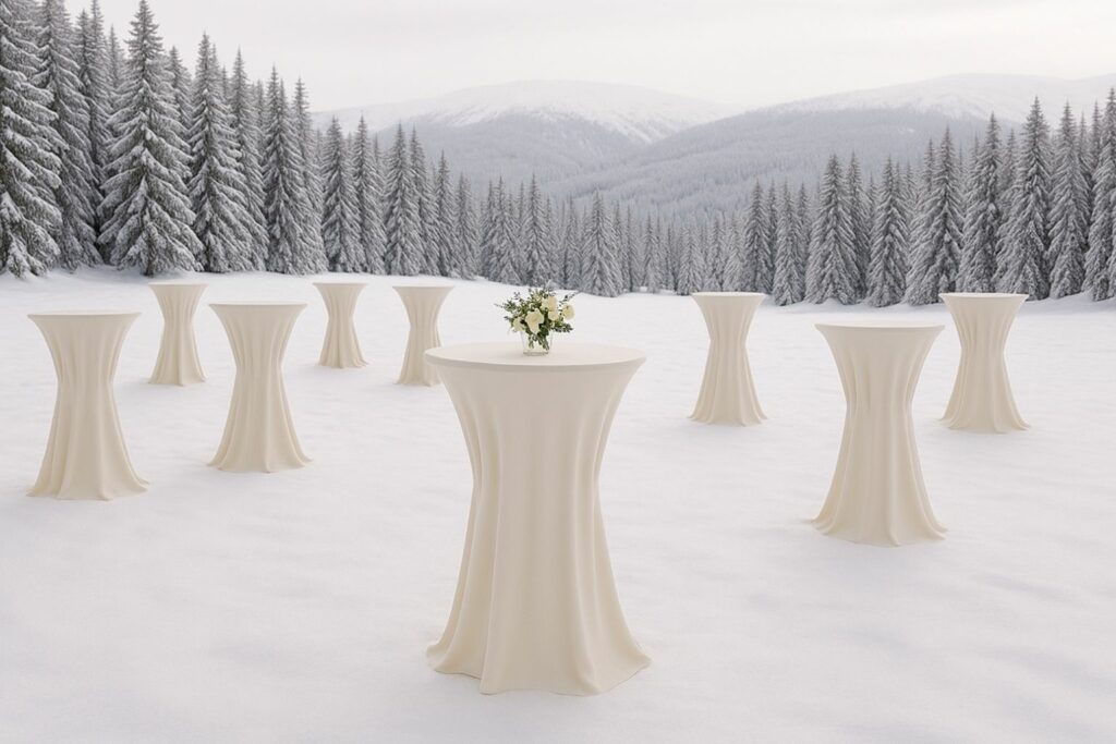 Wintergala im Freien mit cremefarbenen Stehtischhussen in verschneiter Landschaft