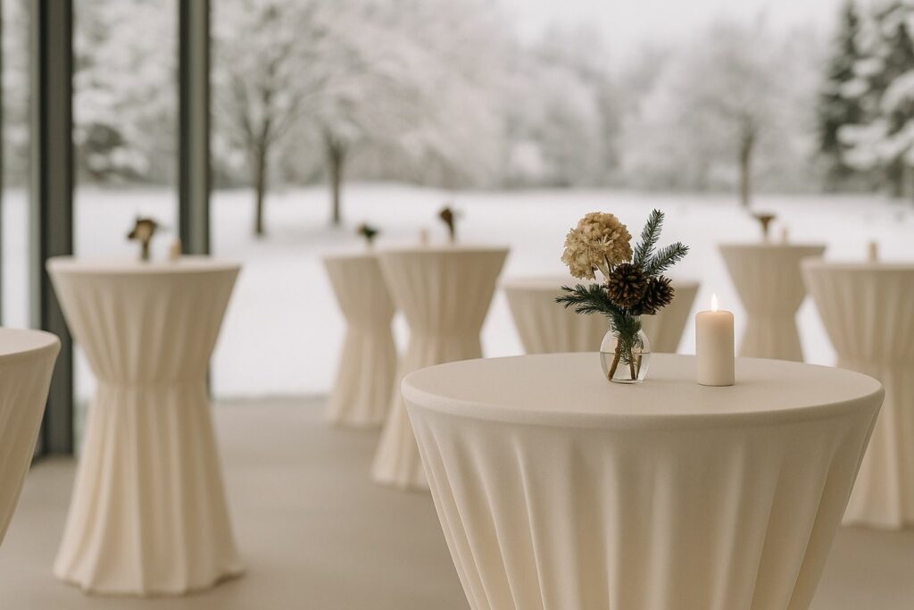 Elegantes Winter-Event in Hotel oder Restaurant mit cremefarbenen Stehtischhussen, Kerzenlicht und goldenen Akzenten – Eventtextilien für Winter-Branding.