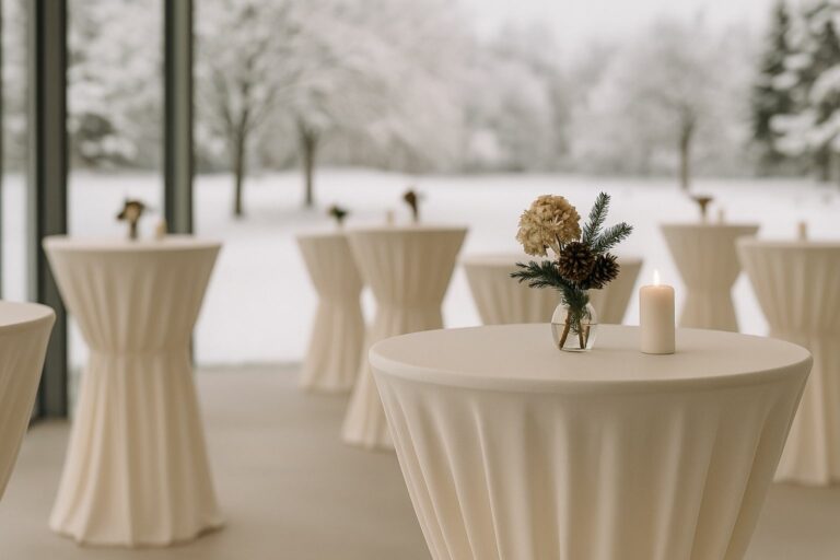 Elegantes Winter-Event in Hotel oder Restaurant mit cremefarbenen Stehtischhussen, Kerzenlicht und goldenen Akzenten – Eventtextilien für Winter-Branding.