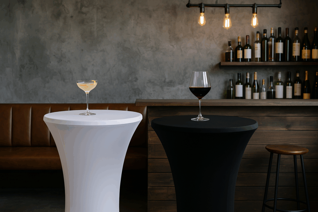Eine moderne City-Bar mit Betonwänden und industriellen Leuchten, mehreren runden Stehtischen mit weißen und schwarzen Stretch-Stehtischhussen, warmes Licht und elegantes Ambiente.