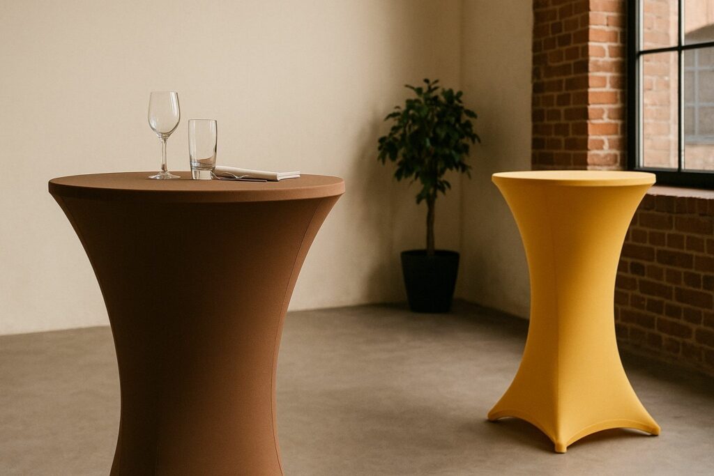 Elegante Eventszene mit zwei Stehtischen in Braun und Gelb, modernem Raum mit Backsteinwand und weichem Licht.