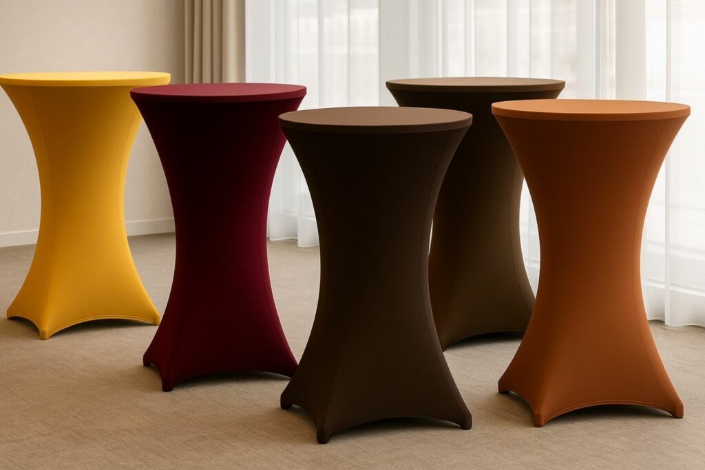 Stehtische mit Hussen in Mocha, Bordeaux, Gelb und Lavendel in elegantem Eventambiente.