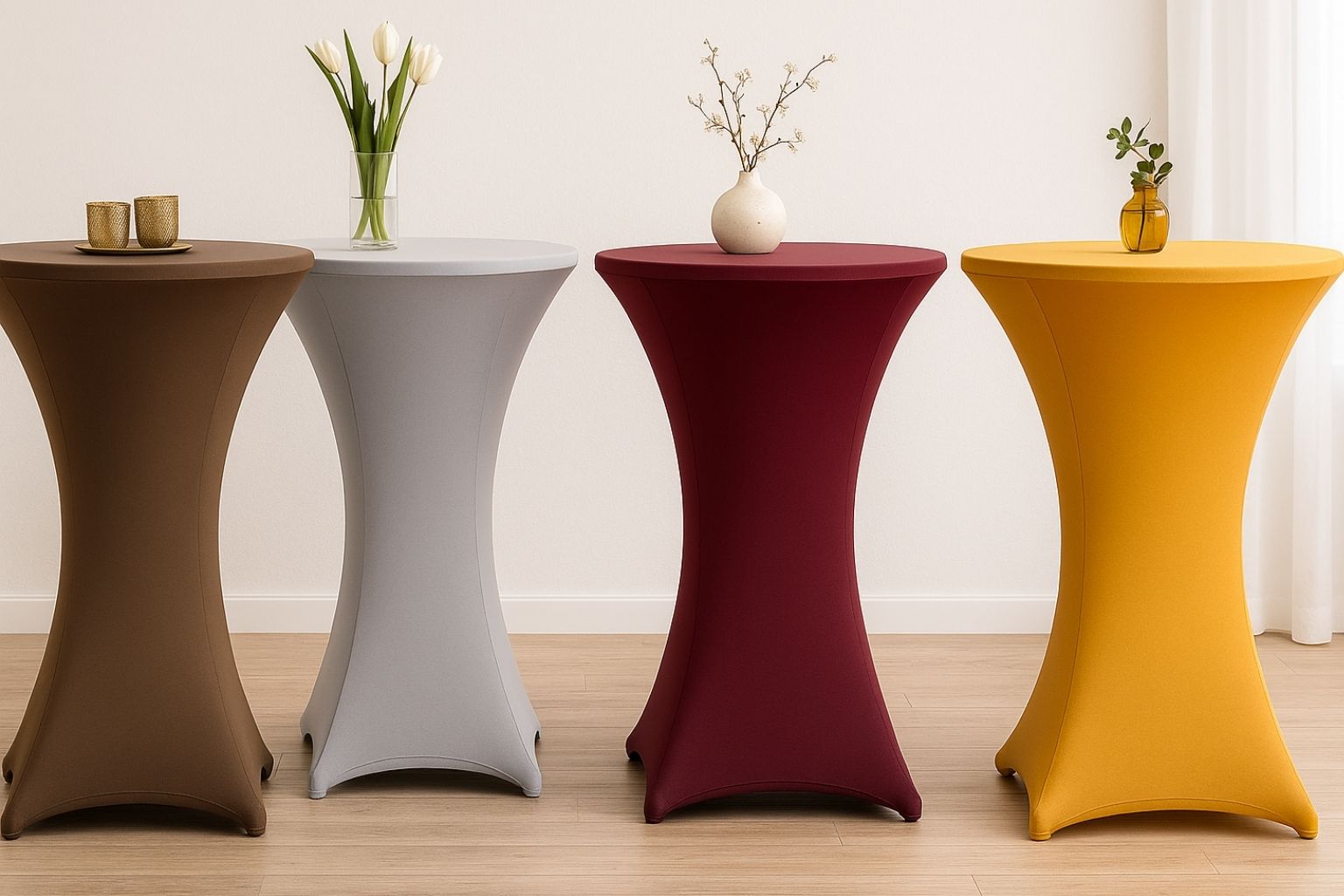 Stehtischhussen in Braun, Grau, Bordeaux und Gelb in elegantem Eventambiente.