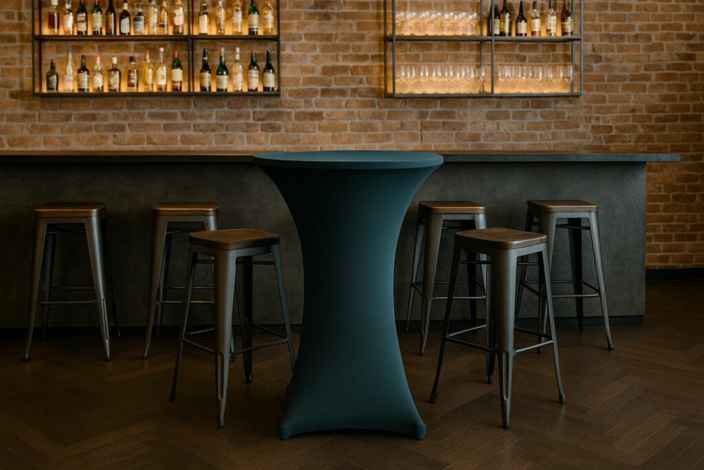 Stehtischhusse für Bars in Dunkelpetrol in urbaner moderner Bar mit kühlem Licht.