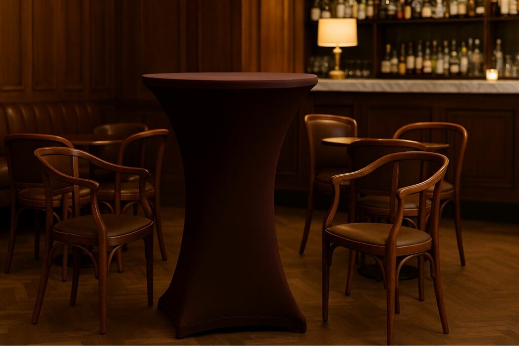 Stehtischhusse für Bars in Schokobraun in eleganter Lounge mit warmem Licht.