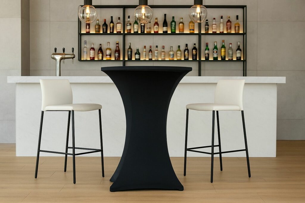 Schwarze Stehtischhusse für Bars in moderner, hell beleuchteter Bar mit Hockern.