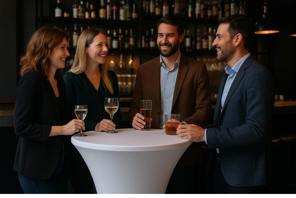 Menschen unterhalten sich an einem Stehtisch mit Husse in moderner Bar, Getränke auf dem Tisch.