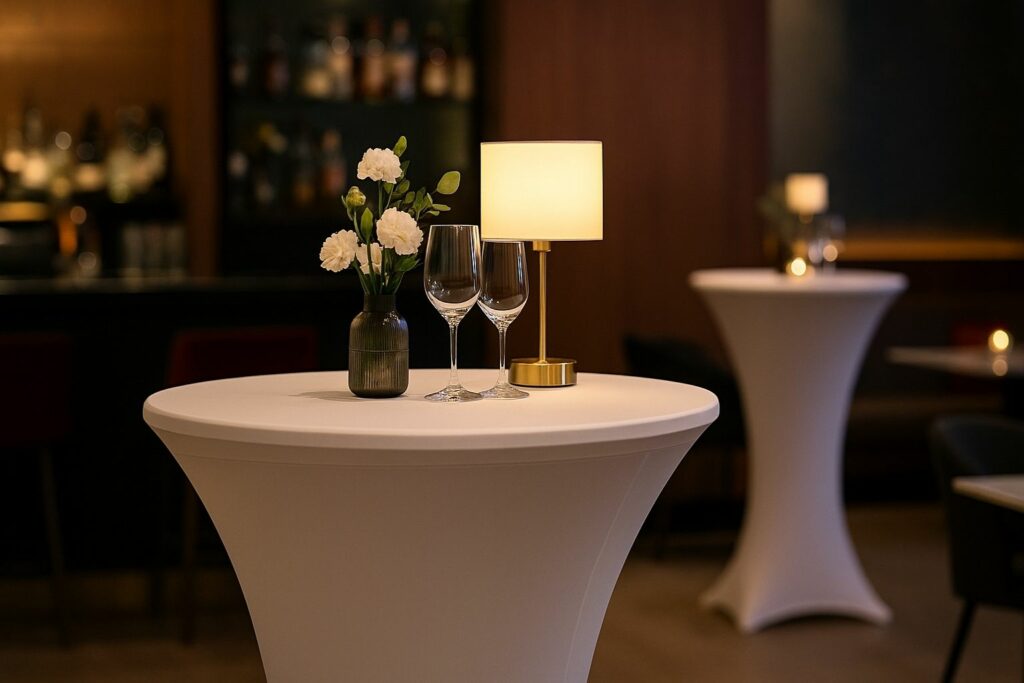 Bar unter verschiedenen Lichtfarben mit dezenter Dekoration und eleganter Atmosphäre.