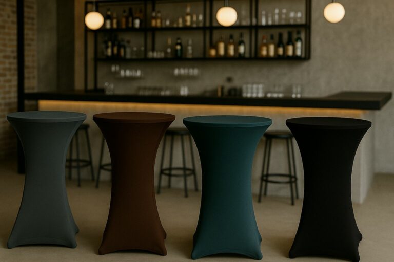 Stehtischhussen für Bars in Dunkelpetrol, Schokobraun und Schwarz in moderner Bar mit stilvoller Beleuchtung.