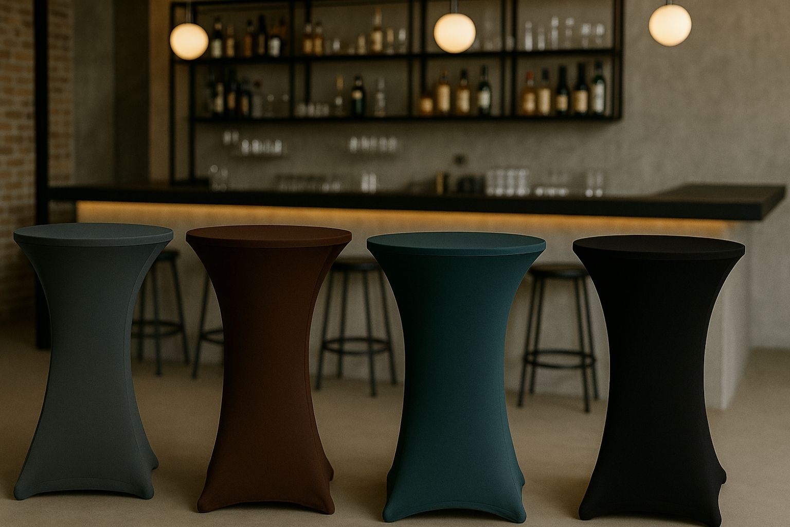 Stehtischhussen für Bars in Dunkelpetrol, Schokobraun und Schwarz in moderner Bar mit stilvoller Beleuchtung.