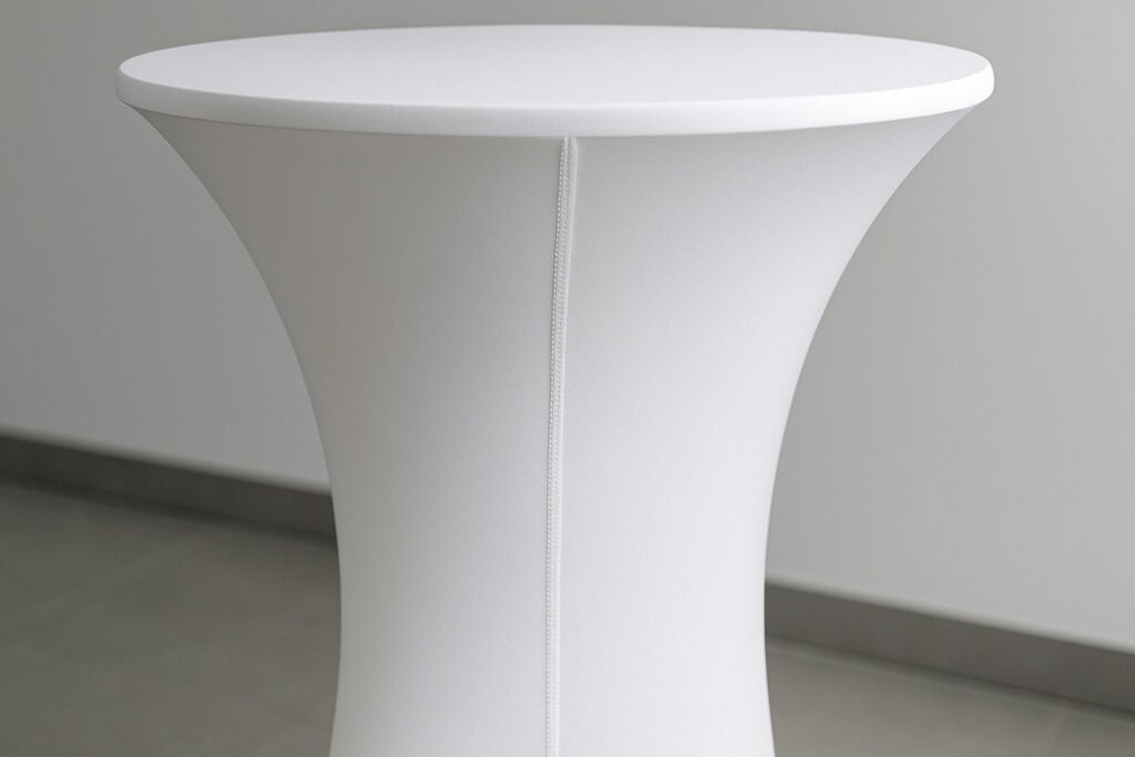 Stehtischhussen kaufen – B1-zertifizierte Stretchhussen mit robusten Nähten und pflegeleichtem Stoff.