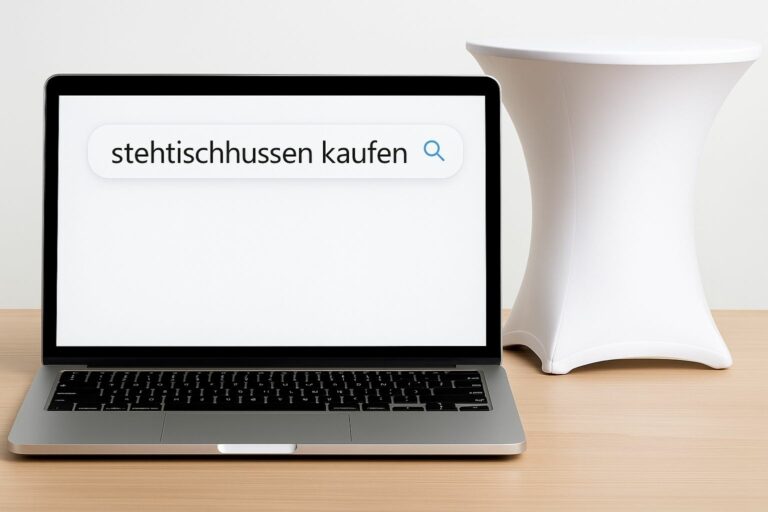 Laptop mit geöffnetem Bildschirm zeigt mehrere E-Commerce-Plattformen wie Amazon, Google, Kaufland, Bing und Gastro Uzal zum Thema Stehtischhussen kaufen.