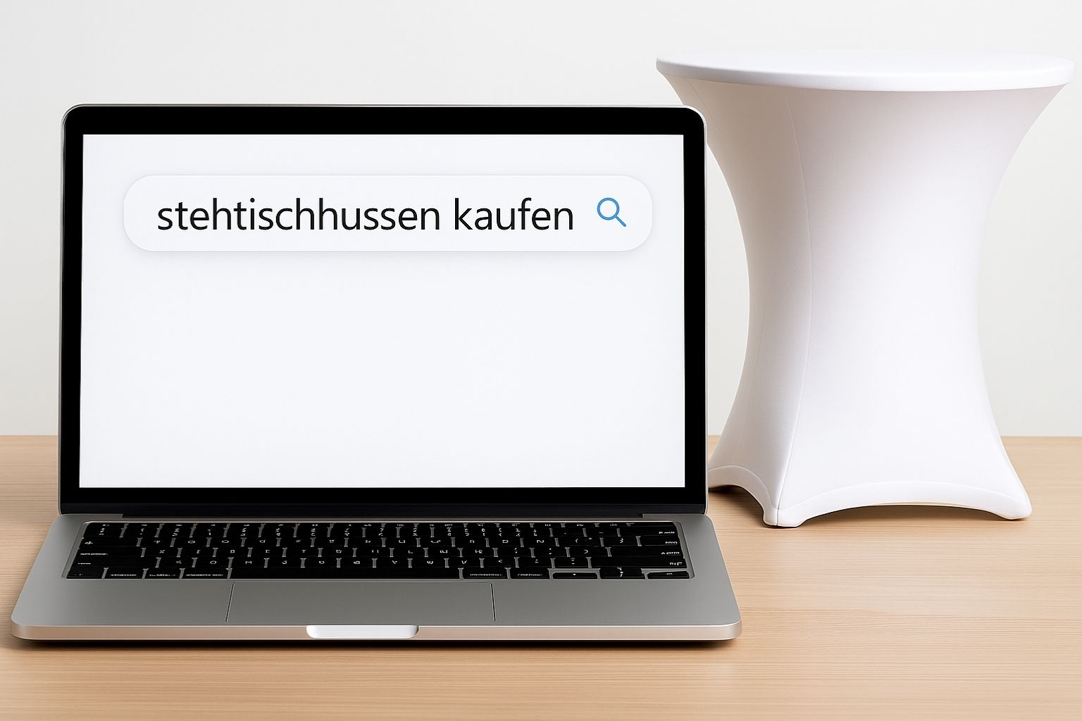 Laptop mit geöffnetem Bildschirm zeigt mehrere E-Commerce-Plattformen wie Amazon, Google, Kaufland, Bing und Gastro Uzal zum Thema Stehtischhussen kaufen.
