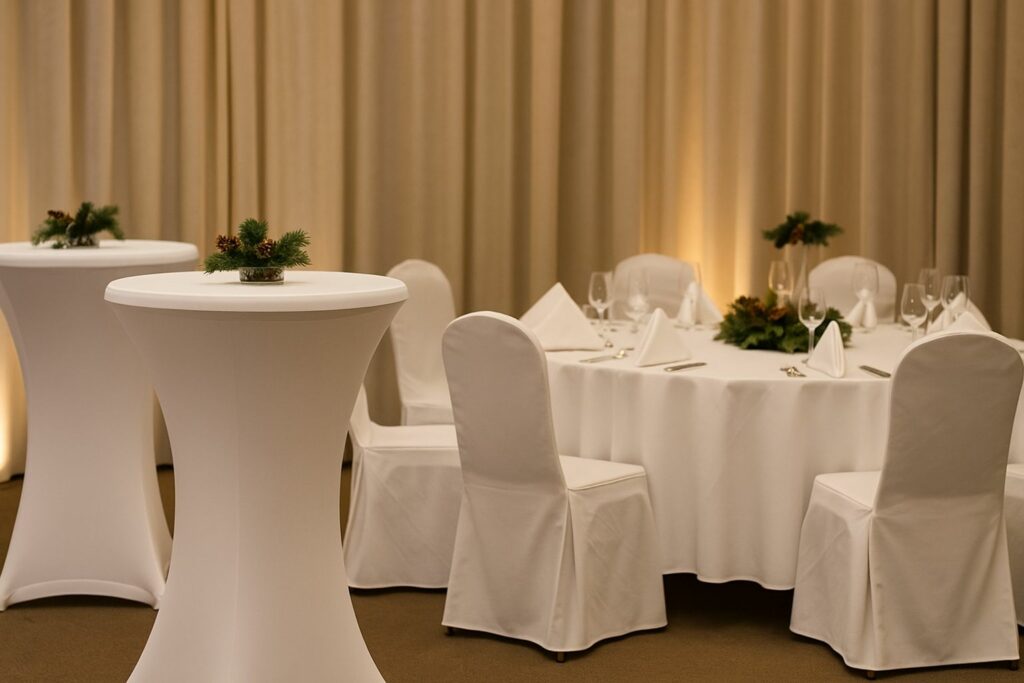 "stehtisch husse weihnachten mit banketthussen und tischdecken"