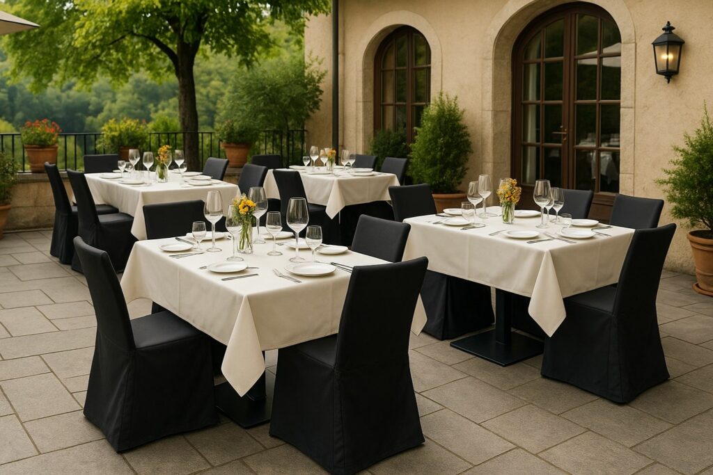 Wetterfeste Husse auf einer Restaurantterrasse mit eingedeckten Tischen