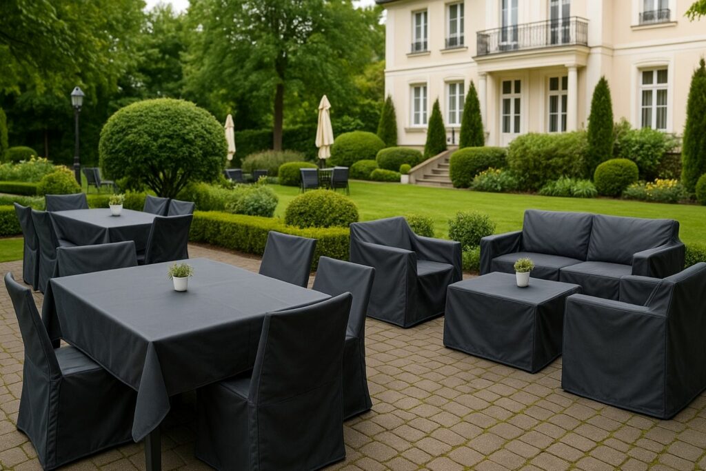 Wetterfeste Husse im Hotelgarten auf Lounge- und Gastronomiemöbeln