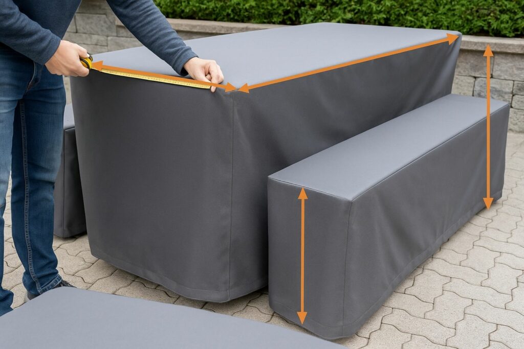 Maße für eine wetterfeste Husse an Tisch und Bank korrekt nehmen