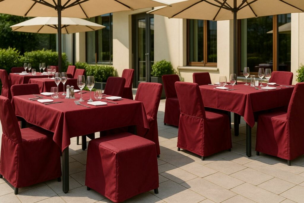 Restaurantterrasse mit bordeauxfarbenen wetterfesten Hussen.
