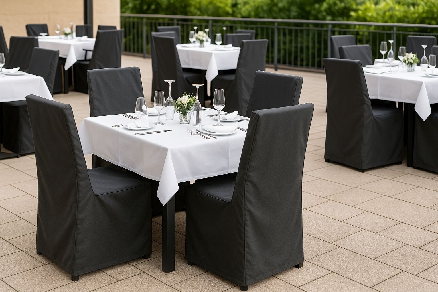 Outdoor-Restaurantbereich mit wetterfesten Hussen auf Tischen und Stühlen.