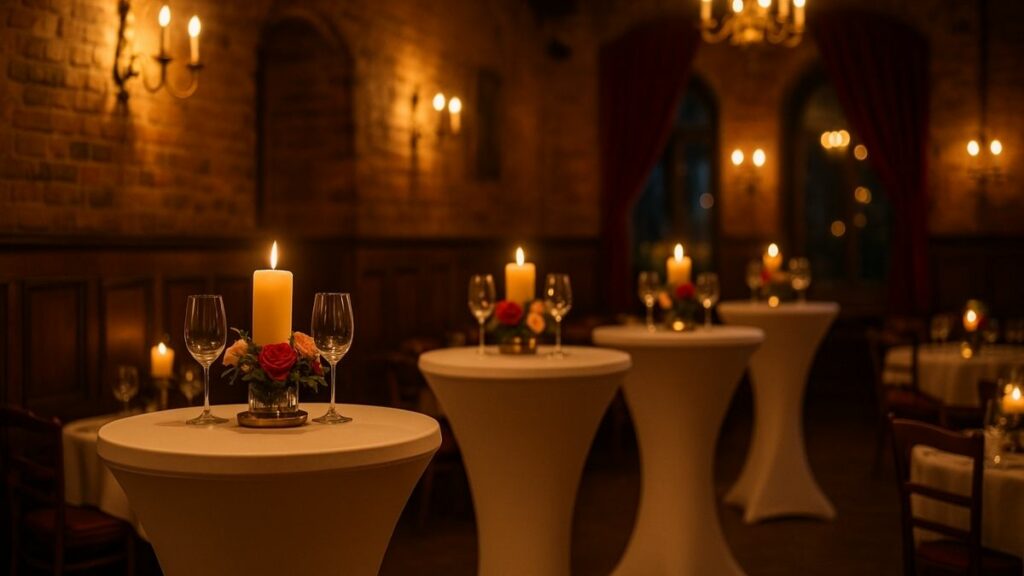 Romantisches Vintage-Restaurant mit elegant dekorierten Stehtischhussen im Restaurant unter warmem Kerzenlicht