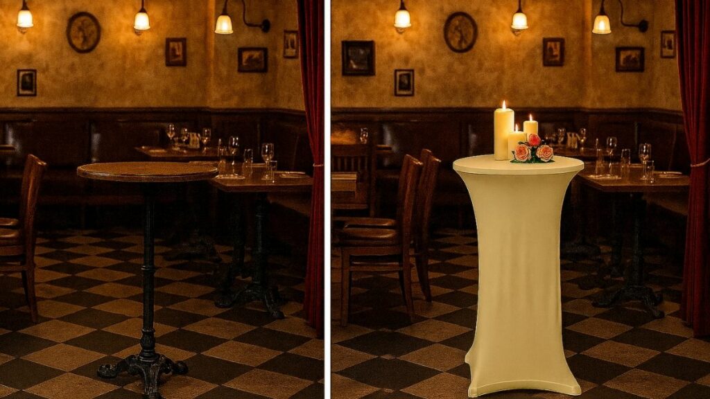 Vorher-Nachher-Vergleich im Retro-Restaurant: Stehtisch ohne Dekoration und derselbe Tisch mit cremefarbener Stehtischhusse und romantischer Kerzendeko