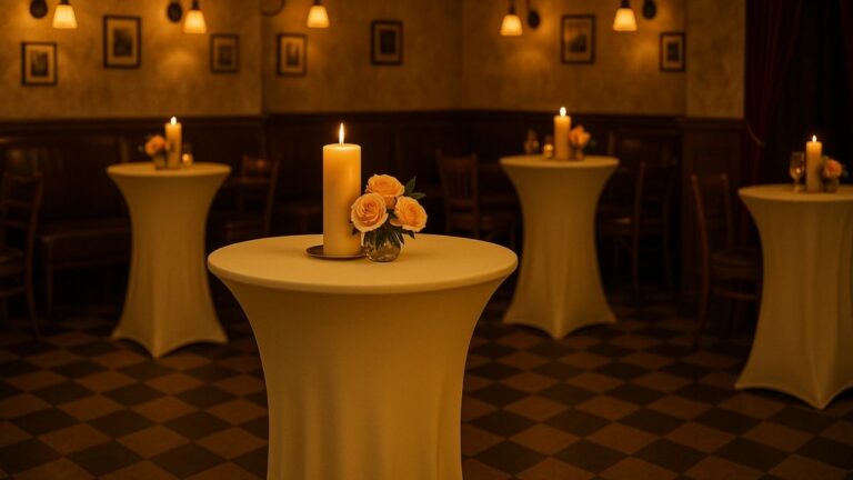 Stilvolle Stehtischhussen im gemütlichen Vintage-Restaurant