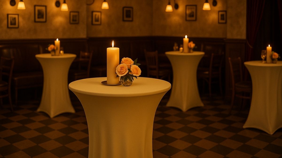 Stilvolle Stehtischhussen im gemütlichen Vintage-Restaurant