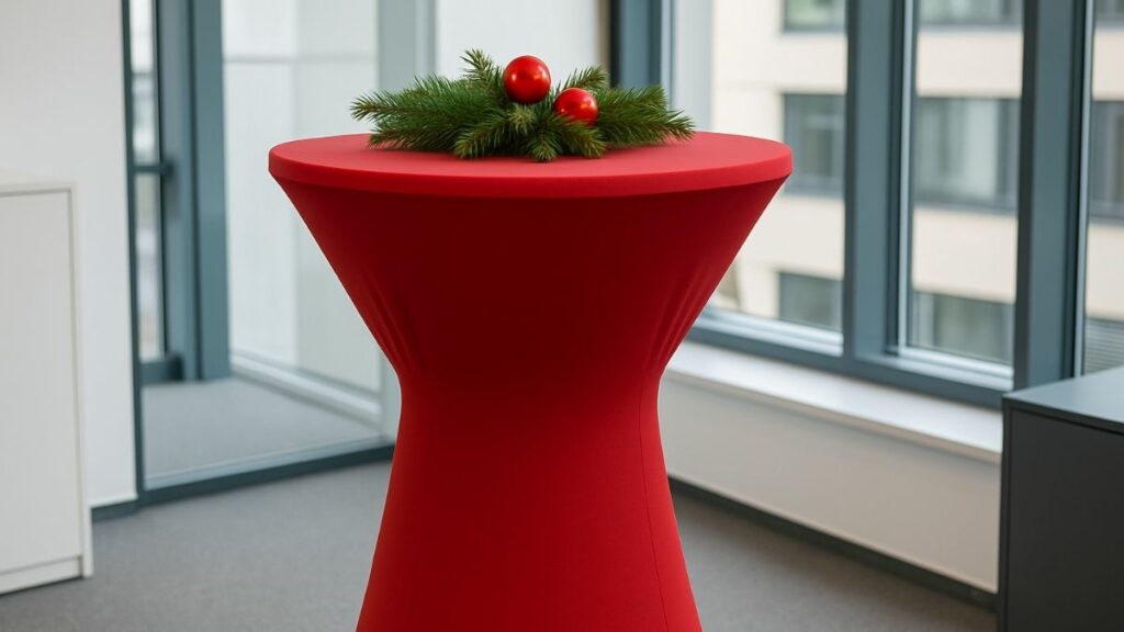 Stehtisch mit schlichter roter Husse und Tannenzweigen mit roten Kugeln in einem modernen Büro.