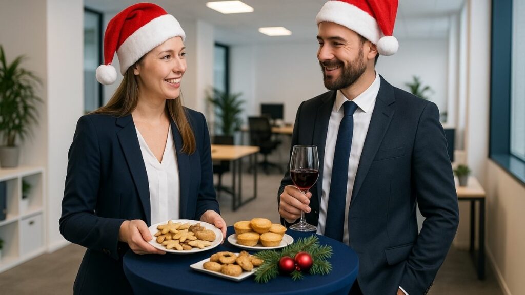 Zwei Büroangestellte mit Weihnachtsmützen stehen an einem dunkelblauen Stehtisch mit Weihnachtssnacks.