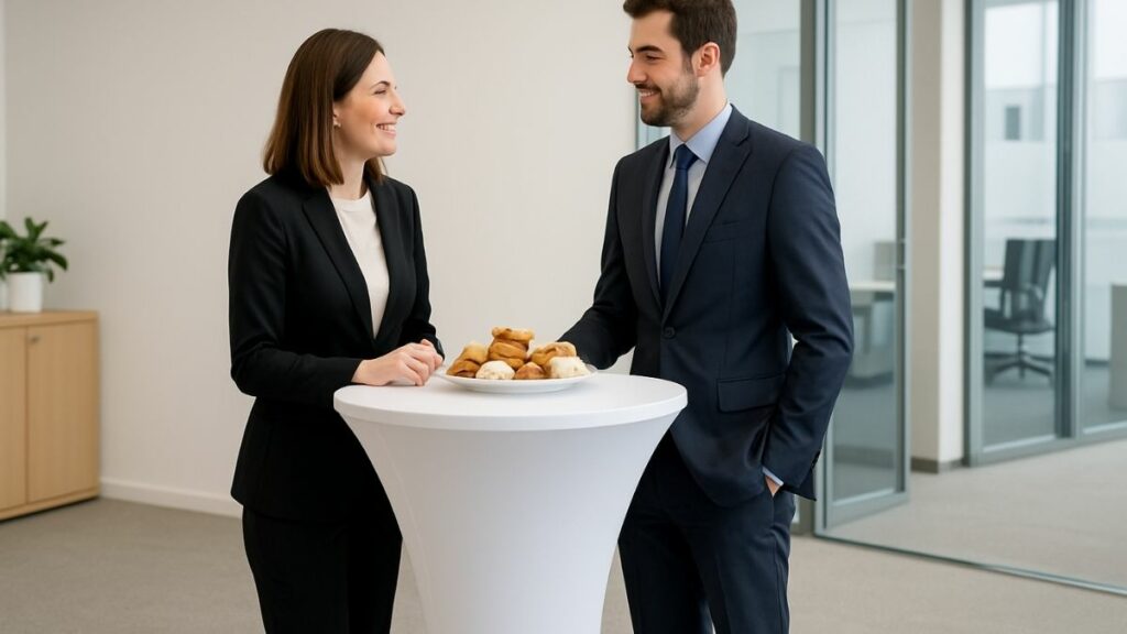 Zwei Personen im Büro stehen an einem weißen, minimalistischen Stehtisch.