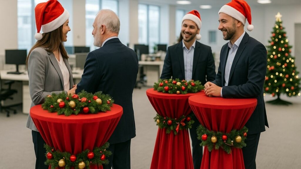 Mitarbeitende feiern im Büro an weihnachtlich dekorierten Stehtischen und unterhalten sich in festlicher Atmosphäre.