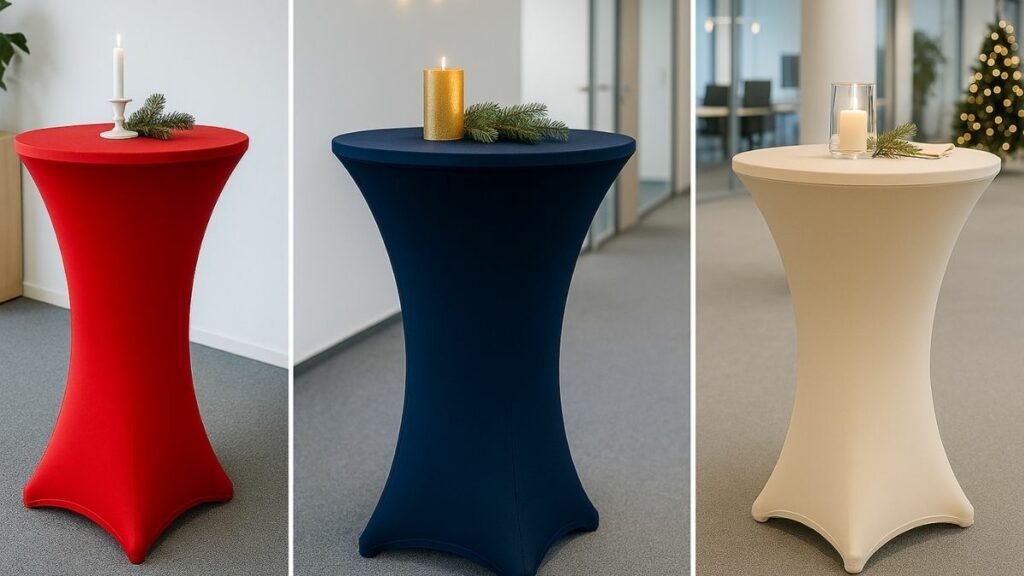 Drei unterschiedlich dekorierte Stehtische mit roten, dunkelblauen und champagnerfarbenen Hussen in weihnachtlicher Büroatmosphäre.