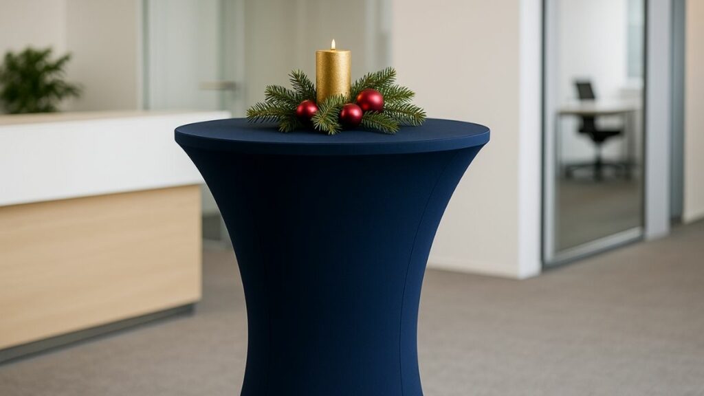 Navyblaue, weihnachtlich dekorierte Stehtischhusse mit Kerze und Tannenzweig im Büro.