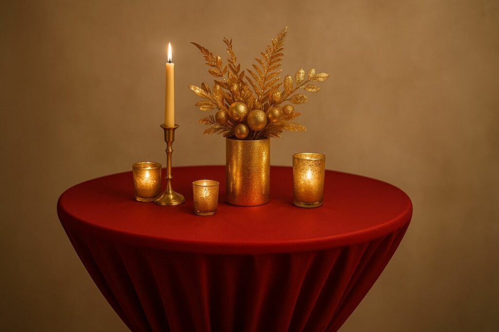 stehtisch husse rot mit Weihnachtsdeko und Kerzen
