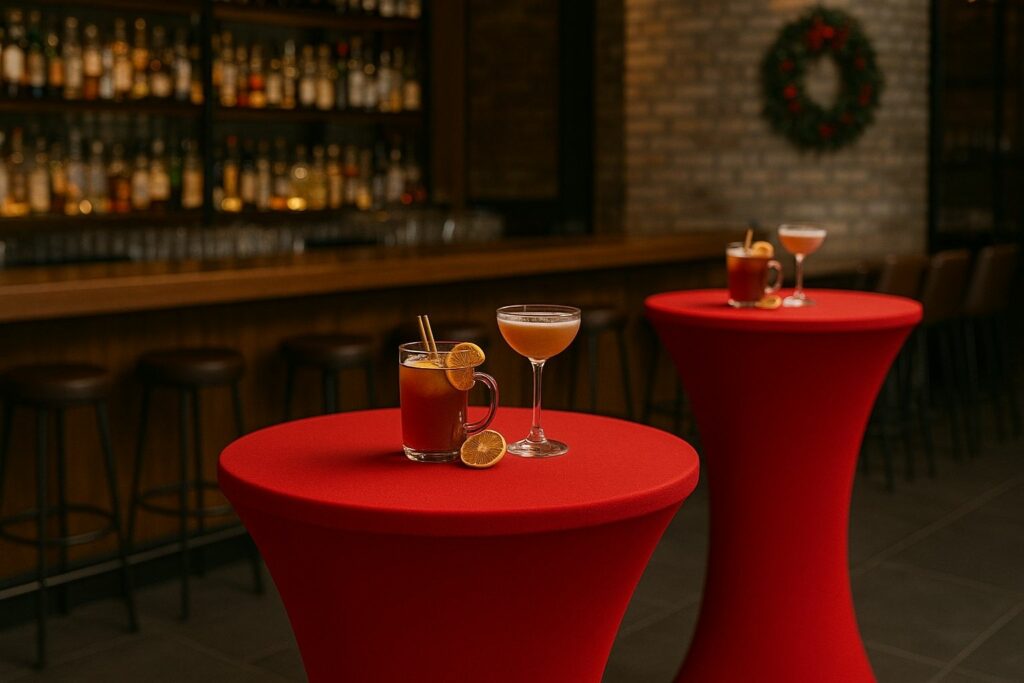 stehtisch husse rot an Cocktailbar in der Weihnachtszeit