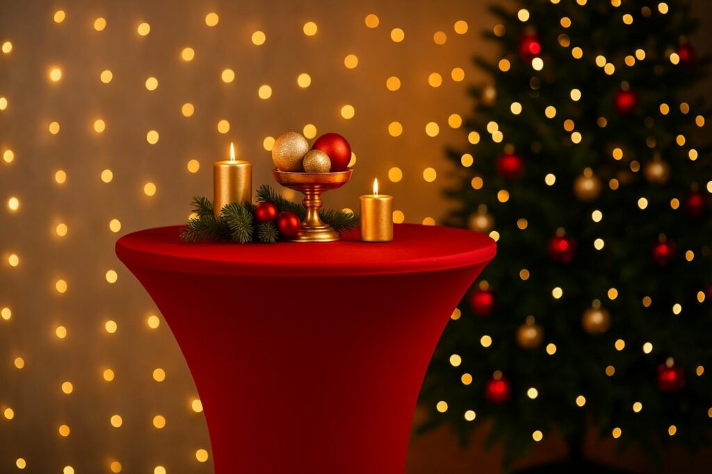 Rote Stehtischhusse mit goldenen Weihnachtsdekorationen und Kerzen vor festlichem Lichterhintergrund