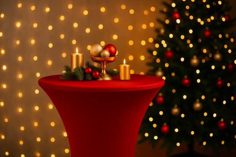 Rote Stehtischhusse mit goldenen Weihnachtsdekorationen und Kerzen vor festlichem Lichterhintergrund