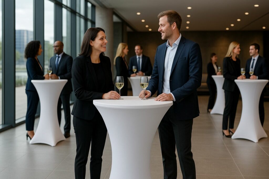 Weiße Stretch-Stehtischhusse im Einsatz bei modernem Business-Event.