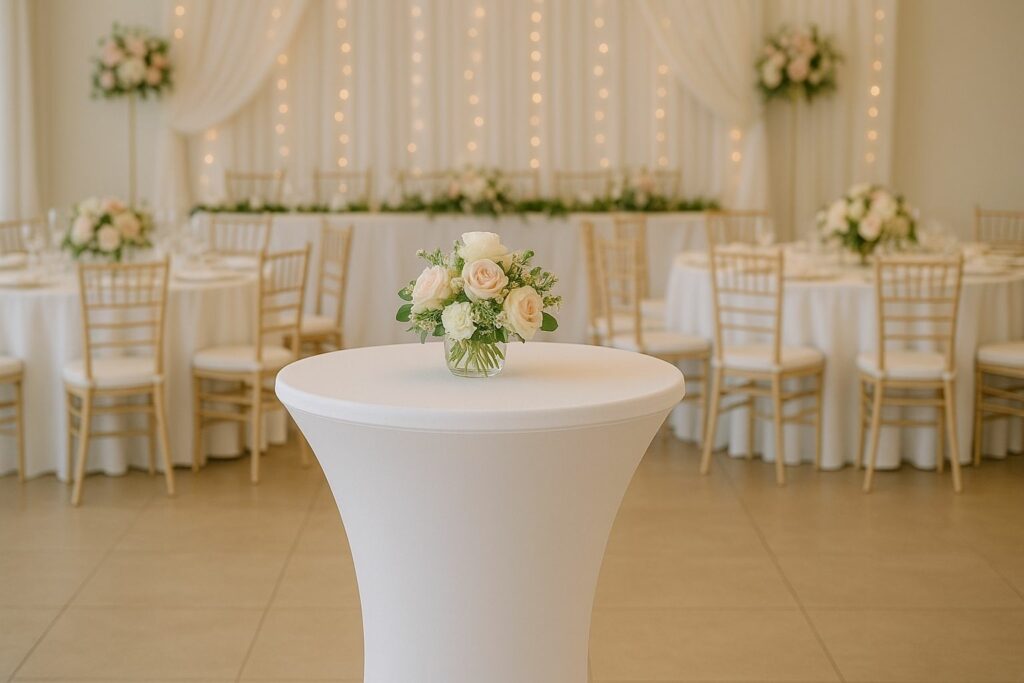 Weiße Stretch-Stehtischhusse in eleganter Hochzeitsdekoration.