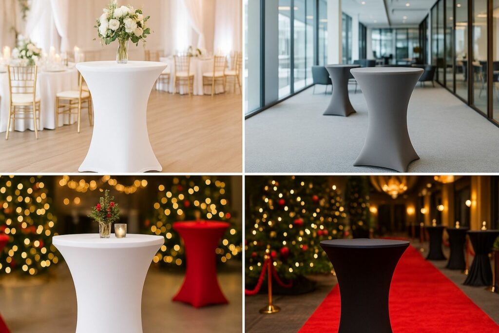 „Stretch-Stehtischhussen in vier verschiedenen Event-Konzepten: Hochzeit, Business-Event, Weihnachten und Eröffnung.“