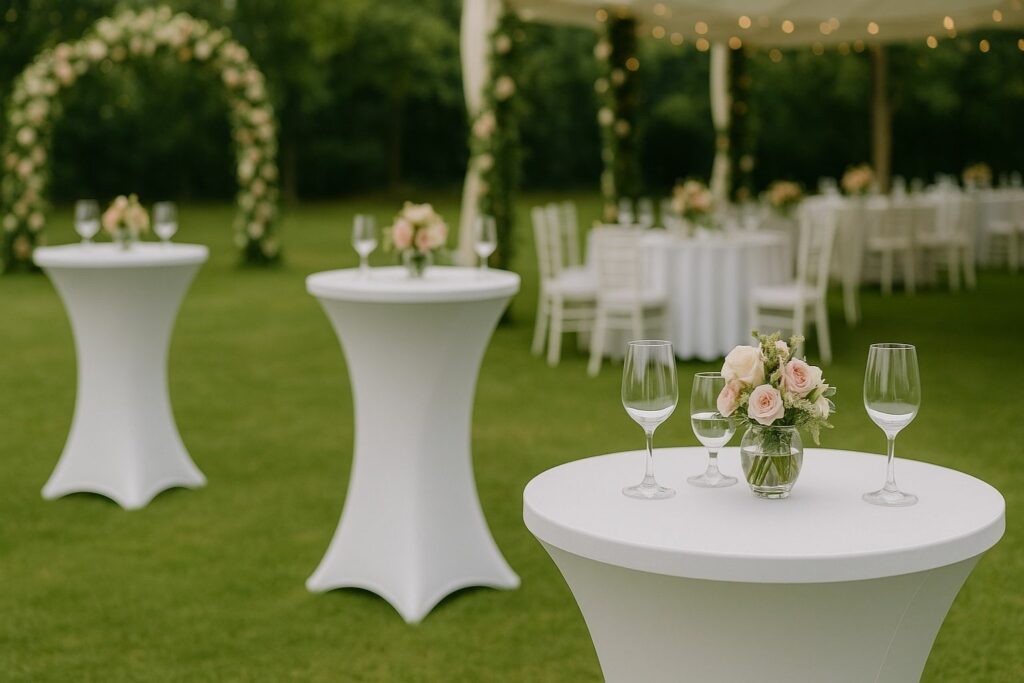 Eleganter Hochzeits-Kokteylbereich mit weißen Stehtischen, Blumen und Gläsern.